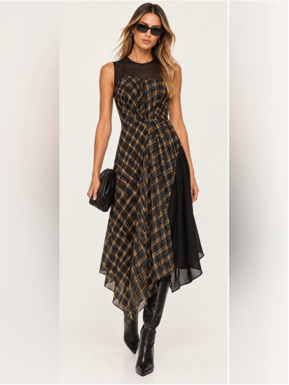 French Connection Mixed Media Plaid Asymmetrical Dress Size US 6